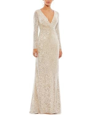 Mac Duggal Sequined Faux-Wrap Column Gown - Natural