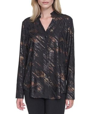 Halston Printed V-Neck Top - Black