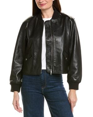 Neiman Marcus Cropped Zip Front Leather Bomber Jacket - Black