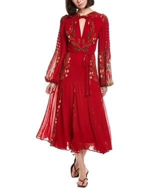 FARM Rio Long Sleeve Pleated Maxi Dress - Red