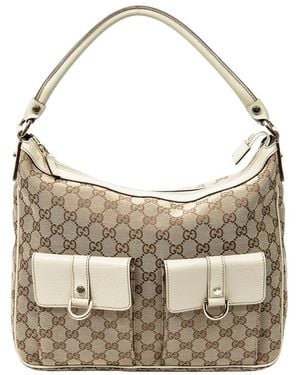 Gucci Beige & Ivory Monogrammed Canvas Medium Abbey Pocket Hobo (authentic Pre-loved) - Gray