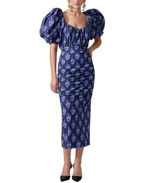 Carolina Herrera Puff Sleeve Gathered Midi Dress - Blue