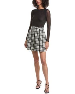 Alice + Olivia Chara Crewneck Flared Tweed Mini Dress - Black
