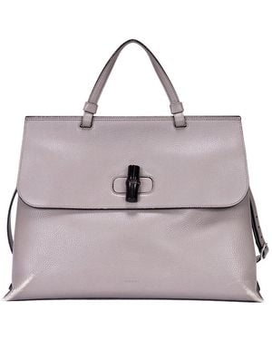 Gucci Calfskin Grained Leather Bamboo Daily Top Handle (Authentic Pre- Loved) - Gray