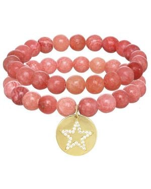Rachel Reinhardt Jewelry 14k Plated Jasper Cz Medallion Star Pendant Bracelet - Pink