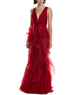 Marchesa Sleeveless Deep V-Neck Silk Maxi Dress - Red