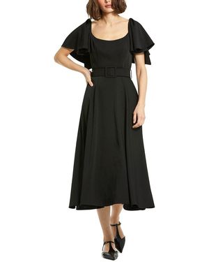 Mac Duggal Crepe Ruffle Sleeve Midi Dress With Belt - Black