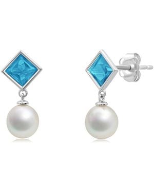 MaxColor 1.40 Ct. Tw. Topaz & 6Mm Pearl Dangle Studs - Blue