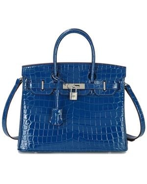 Tiffany & Fred Paris Large Croc-Embossed Leather Satchel - Blue