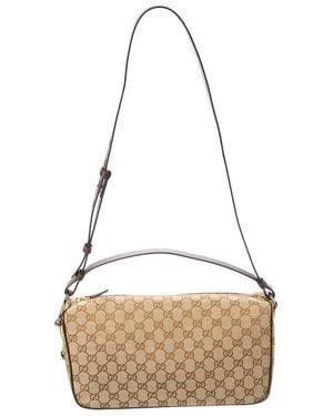 Gucci Half Horsebit Medium GG Canvas & Leather Shoulder Bag - Natural