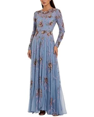 Mac Duggal Floral Bow Beaded Long Sleeve Gown - Blue