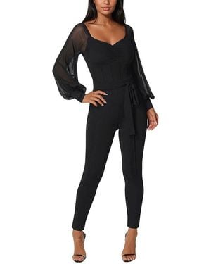 Bebe Printed Mesh Off Shoulder Catsuit - Black