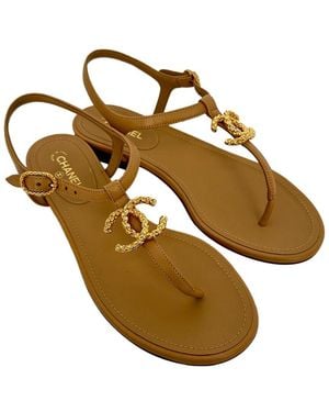 CHANEL Leather Logo T-Strap Flat Sandal (Authentic Pre-Loved) - Natural
