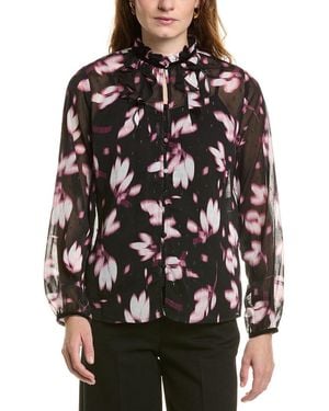 Anne Klein Floral Print Polyester Button-Down Top - Black