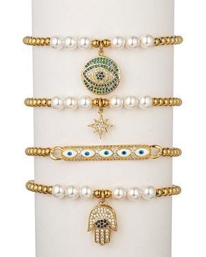 Eye Candy LA The Luxe Collection Titanium Pearl Cz Hamsa & Evil Eye 4pc Stretch Bracelet Set - Natural