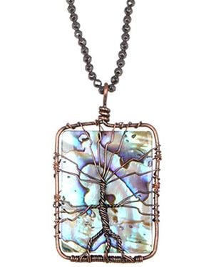 Eye Candy LA Wire Wrapped Tree Abalone Stone Pendant Necklace - Blue