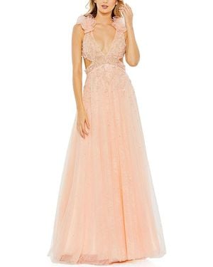 Mac Duggal Embellished Ruffle Shoulder Cut Out A Line Gown - Natural