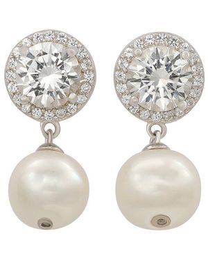 Suzy Levian Silver 0.02 Ct. Tw. Diamond & Created White Sapphire & 8mm Pearl Halo Dangle Earring