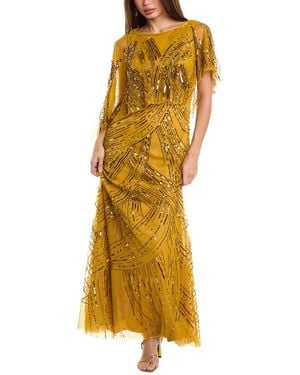THEIA Beaded Mesh Shawl Gown - Yellow