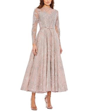 Mac Duggal Embellished Bow Belt Illusion Long Sleeve A Line Dress - Pink