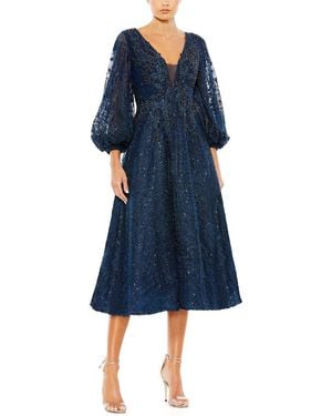 Mac Duggal Embellished Plunge Neck Bishop Sleeve Dress - Blue