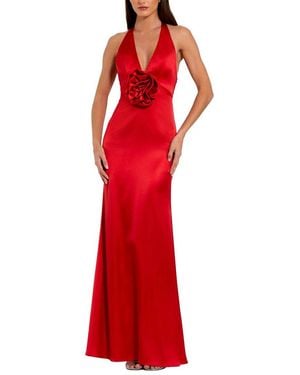Mac Duggal Fitted Satin Sleeveless Halter Gown With 3D Flower - Red