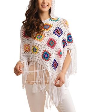 Saachi Square Crochet Fringe Poncho - White