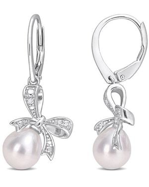 Rina Limor Silver 0.02 Ct. Tw. Diamond 7.5-8mm Pearl Bow Earrings - White