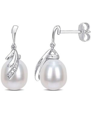 Rina Limor Silver 0.02 Ct. Tw. Diamond 8-8.5mm Pearl Feather Earrings - White