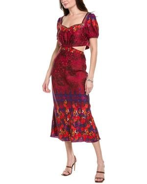 Saloni Astro Stamped Satin Silk Midi Dress - Red