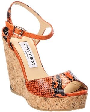 Jimmy Choo Perla 120 Snake-Embossed Leather Wedge Sandal - Orange