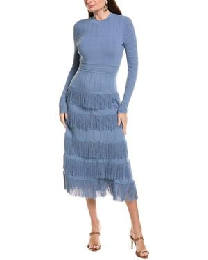 Lela Rose Fringe Detail Knit Piper Midi Dress - Blue
