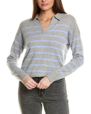Amicale Cashmere Striped V-Neck Johnny Collar Cashmere Jumper - Grey