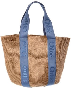 Chloé Woody Large Canvas & Raffia Basket Tote - Blue