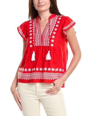 Sail To Sable Ruffle Front Linen-Blend Top - Red