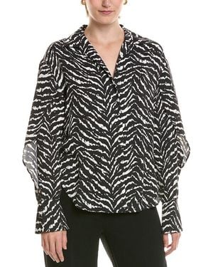 Halston Printed Ruffle Sleeve V-Neck Blouse - Black