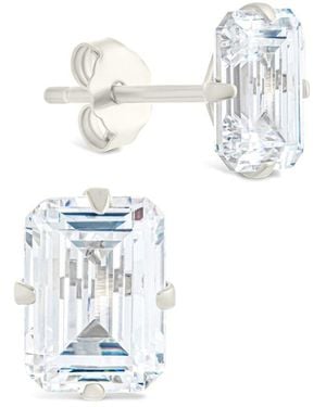 Sterling Forever Silver Cz Emerald Cut Prong Set Stud Earrings - White