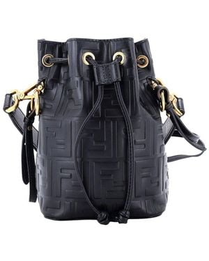 Fendi Zucca Embossed Leather Mon Tresor Bucket Bag Mini (Authentic Pre-Loved) - Blue