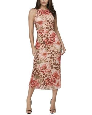 Bebe Printed Mesh Side Shirred Maxi Dress