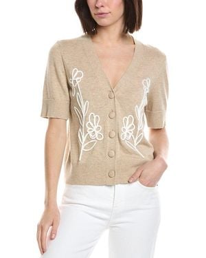 Cece Flower Embroidery V-Neck Wool-Blend Cardigan - Natural