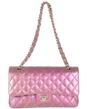CHANEL Pink Leather Iridescent Quilted Medium Classic Double Flap Bag (authentic Pre-loved)