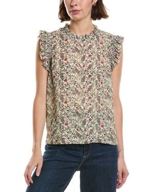 Tahari Shirred Ruffle Sleeve Printed Woven Top - Brown
