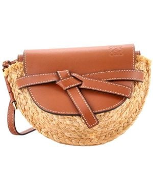 Loewe Leather & Raffia Gate Leather Shoulder Mini (Authentic Pre-Loved) - Brown