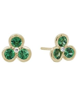 Gemstones 14K Diamond .03 Ct. & .89 Ct. Emerald Flower Studs - Green