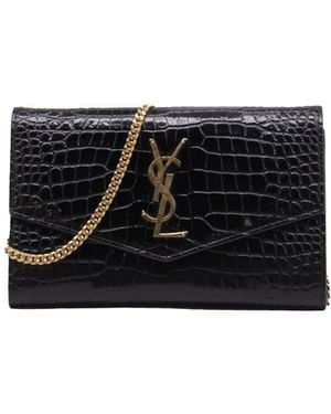 Saint Laurent Croc-Embossed Leather Uptown Chain Wallet (Authentic Pre- Loved) - Black