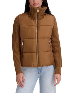 Kensie Mixed-Media Puffer Jacket - Brown