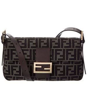 Fendi Baguette 26424 Ff Jacquard & Leather Shoulder Bag - Black