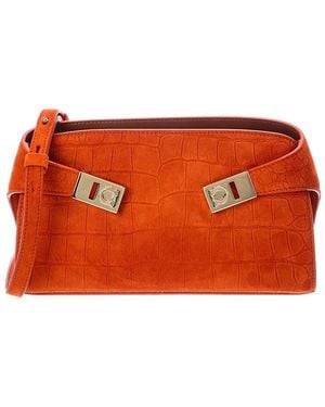 Ferragamo Hug Mini Croc-Embossed Suede Crossbody - Orange