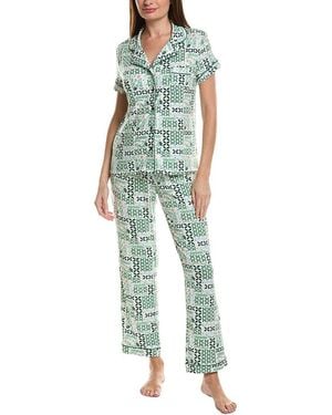 THREAD & STITCH 3pcnotch Collar Top & Short & Pant Pj Set - Green