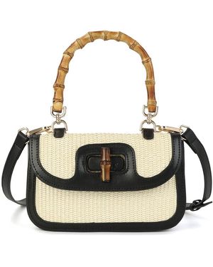 Tiffany & Fred Paris Bamboo Handle Woven Raffia & Leather Satchel - Metallic